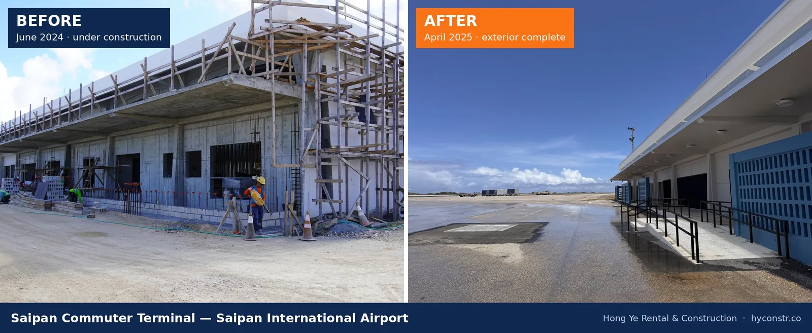 Saipan Commuter Terminal under construction in June 2024 beside the completed exterior in April 2025