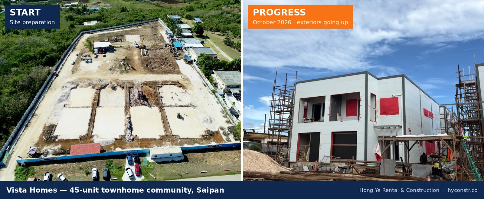 Vista Homes site in Saipan at site preparation beside exterior work in October 2026