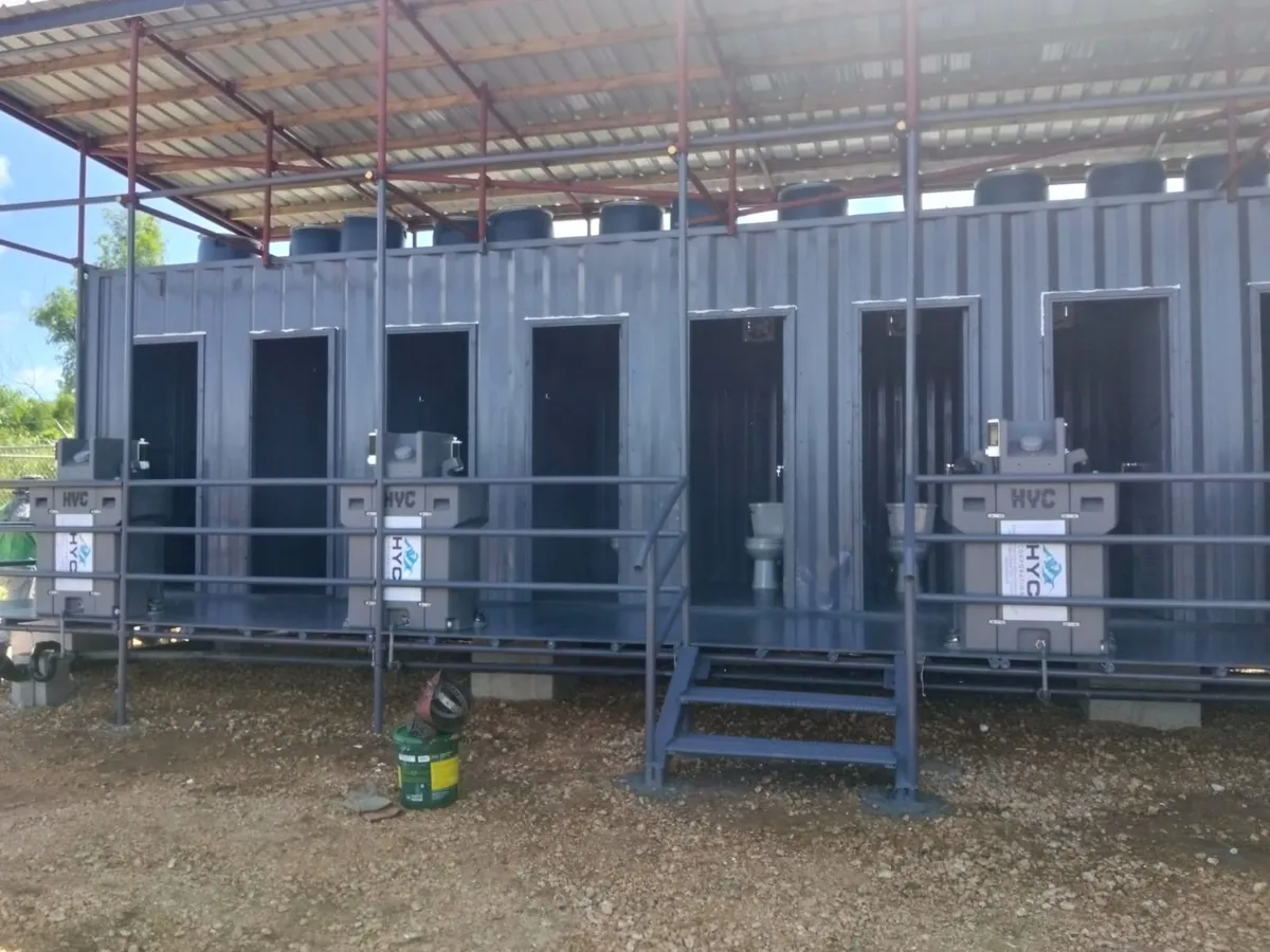 Container restroom units with HYC hand-wash stations