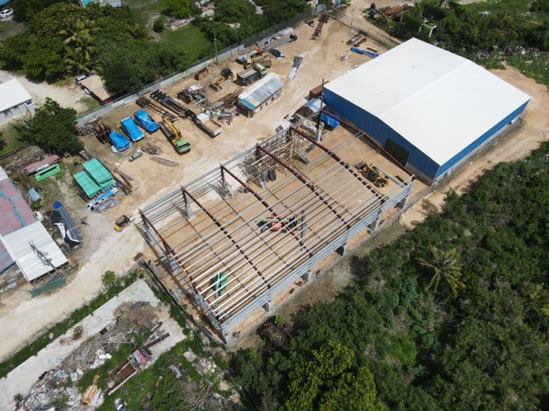 Aerial view of Hong Ye blue-roof industrial warehouse